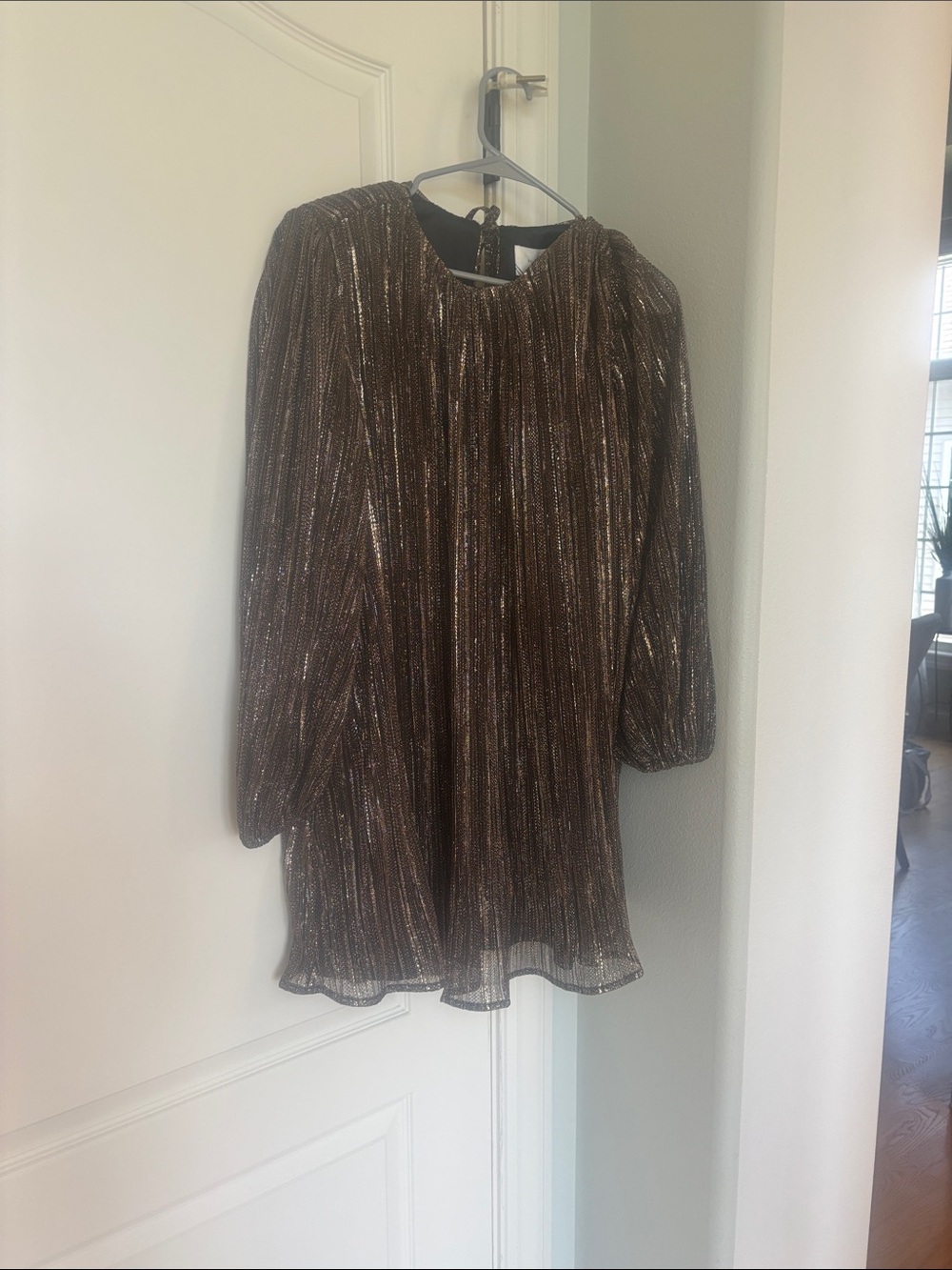 Tuckernuck Metallic Bronze Mini Dress with Long Puff Sleeves